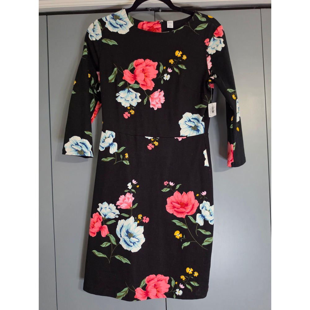 NWOT Old Navy Floral Sheath Dress Size S Black 3/4 Sleeve Crew Neck Casual Event